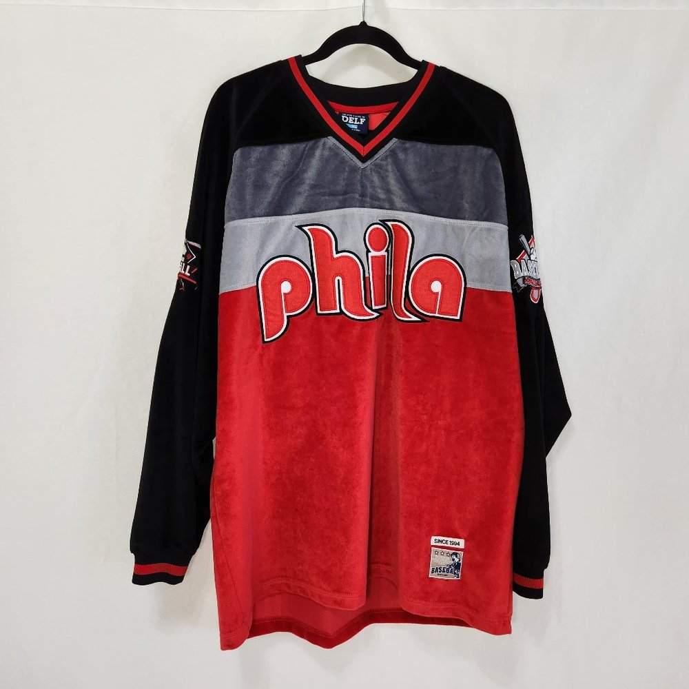 Vintage Unisex DELF Sportswear Pullover Embroidery PHILA Logo Long Sleeves Suede - Picture 1 of 16